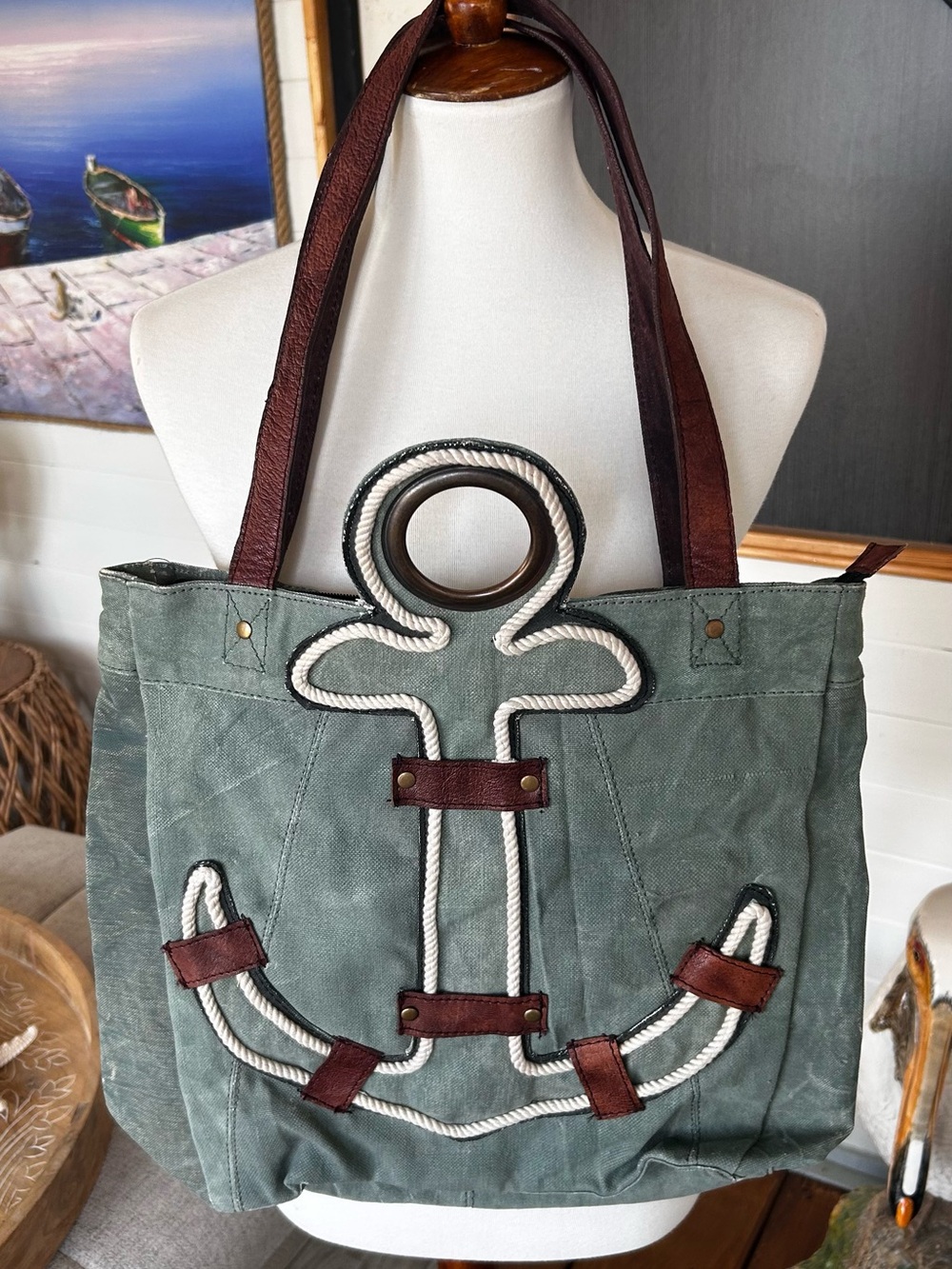 Mona B Nautical Anchor Canvas Tote Green Leather Rope Coastal Bag